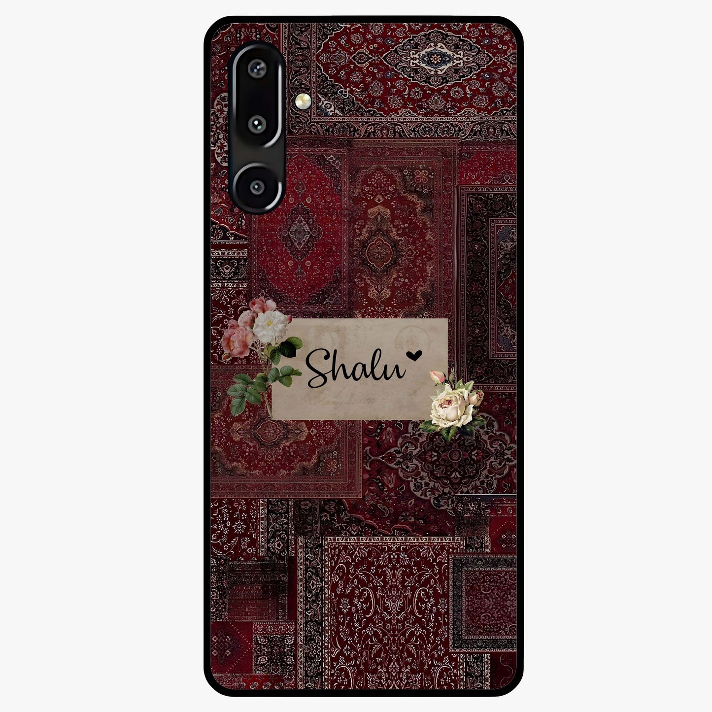 Velvet Wine Pattern Custom Name Glass Case showing flat back view with elegant wine colored pattern artwork and personalized name design.
