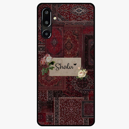 Velvet Wine Pattern Custom Name Glass Case showing flat back view with elegant wine colored pattern artwork and personalized name design.