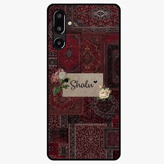 Velvet Wine Pattern Custom Name Glass Case showing flat back view with elegant wine colored pattern artwork and personalized name design.