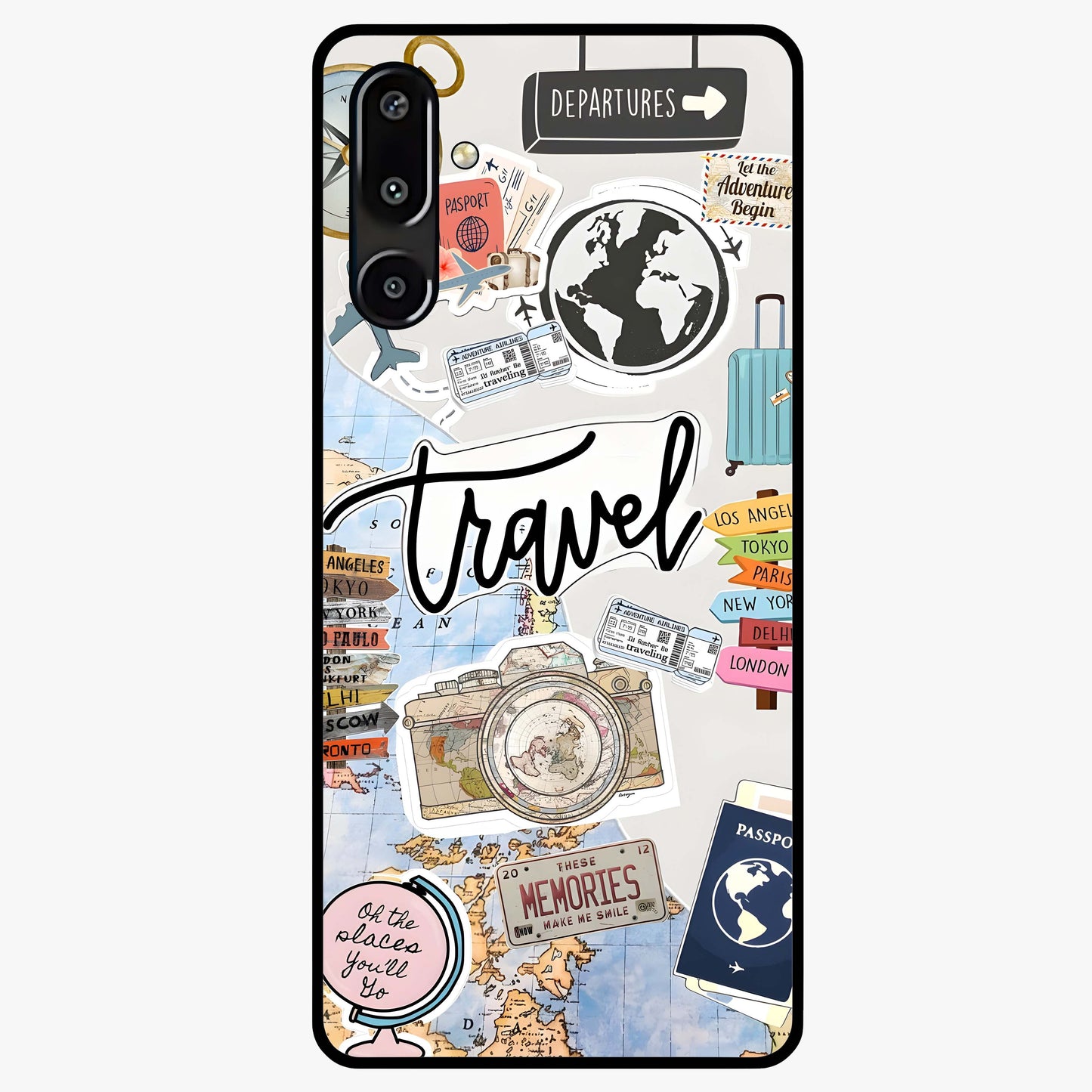 Wanderlust Journal Glass Case showing flat back view with travel inspired artwork and glossy glass finish.