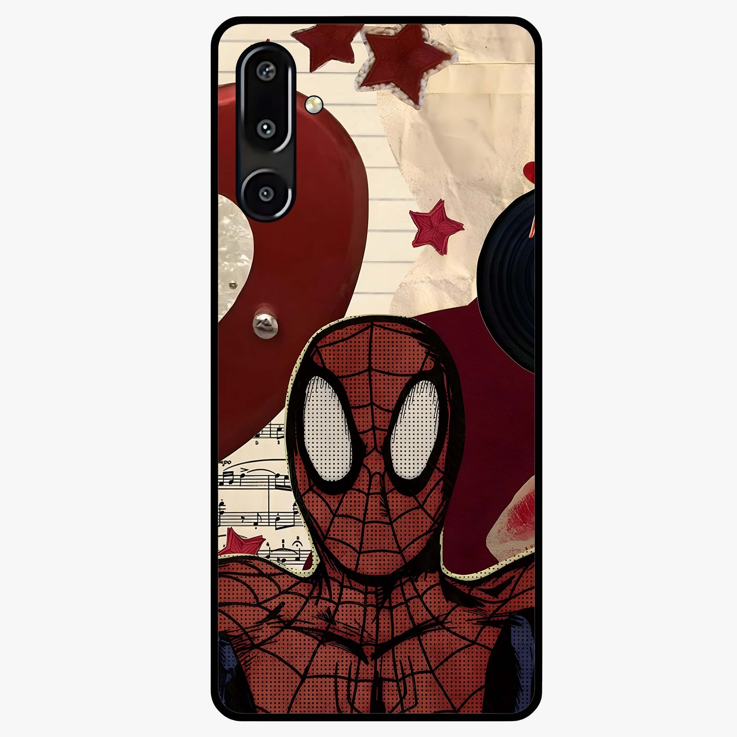 Web Warrior Vibes Glass Case showing flat back view with superhero inspired web themed artwork and glossy glass finish.