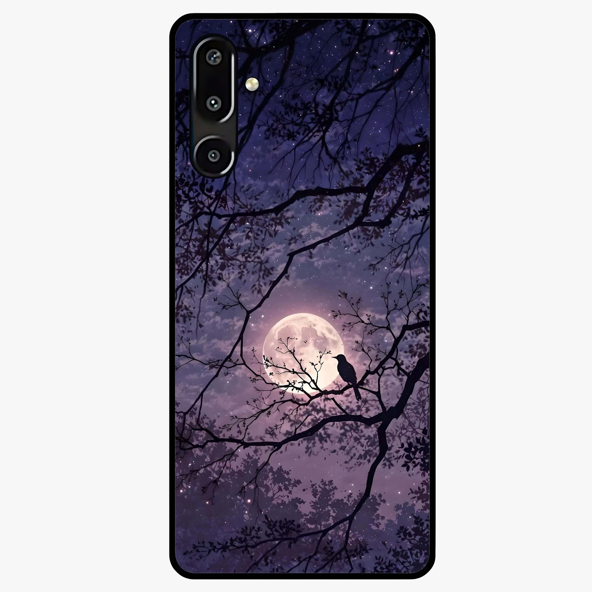 Whispering Moon Silence Glass Case showing flat back view with serene moon themed artwork and glossy glass finish.
