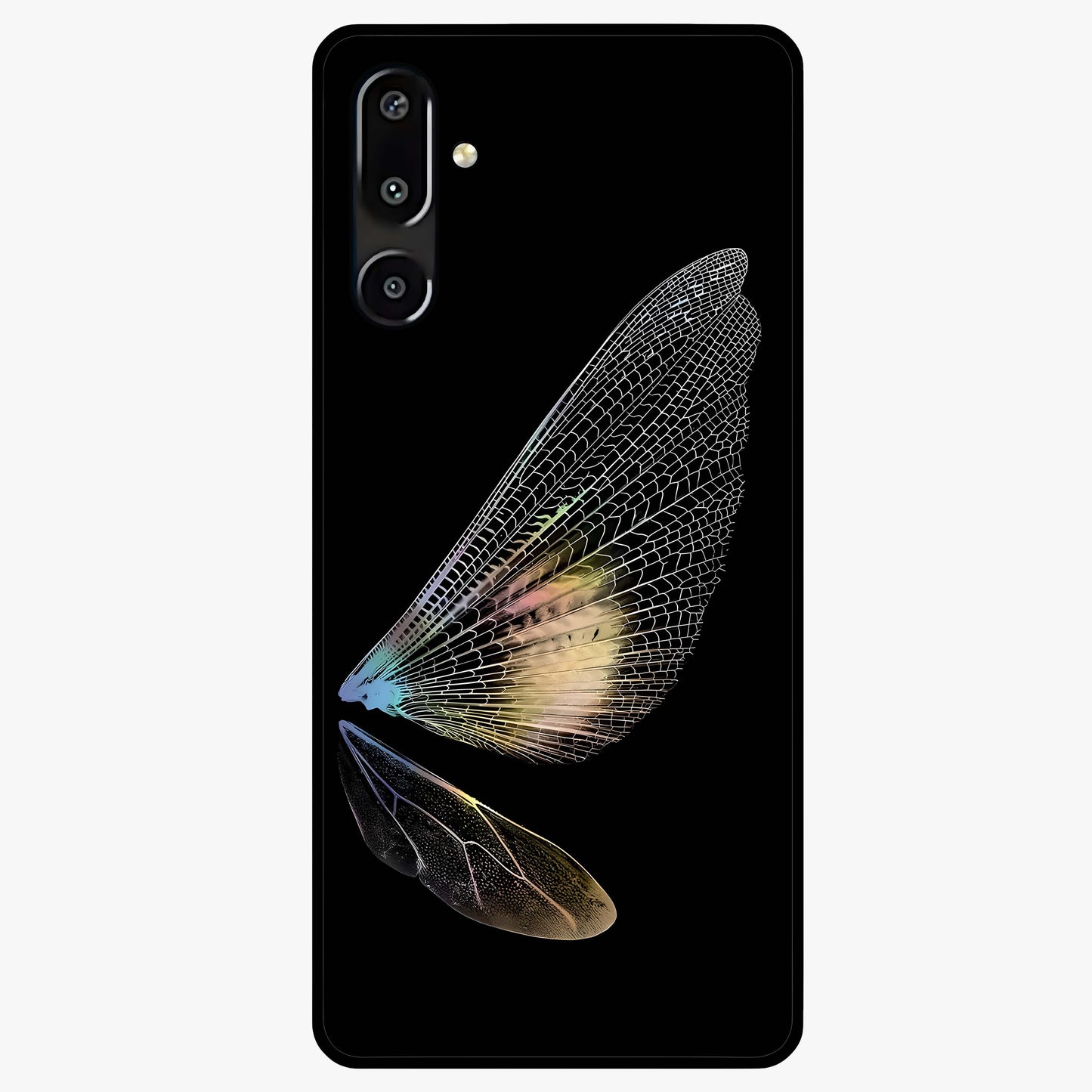 Whispers Of Wings Glass Case showing flat back view with graceful wing inspired artwork and glossy glass finish.