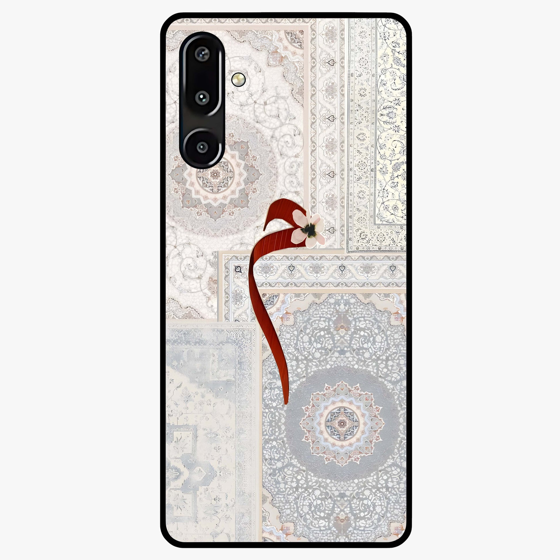 White Aesthetic Bow Glass Case showing flat back view with minimal bow artwork and glossy glass finish.