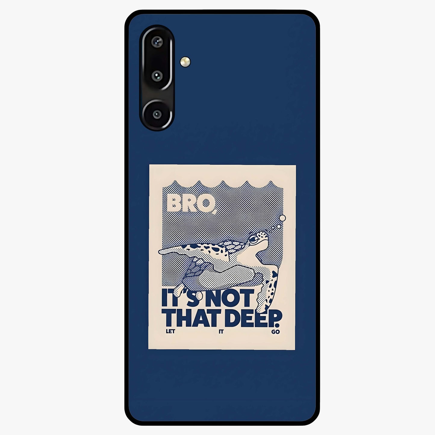 Worry Less Swim Glass Case showing flat back view with playful motivational artwork and glossy glass finish.