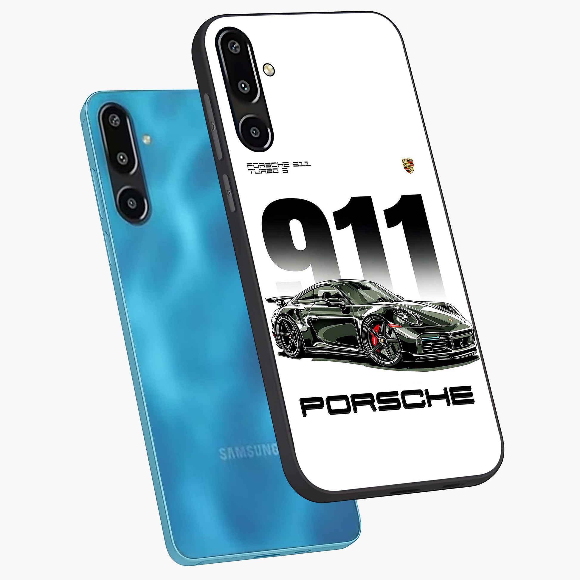 911 Turbo Dominance Glass Case displayed in premium angled mockup highlighting sporty car illustration and sleek glass surface.