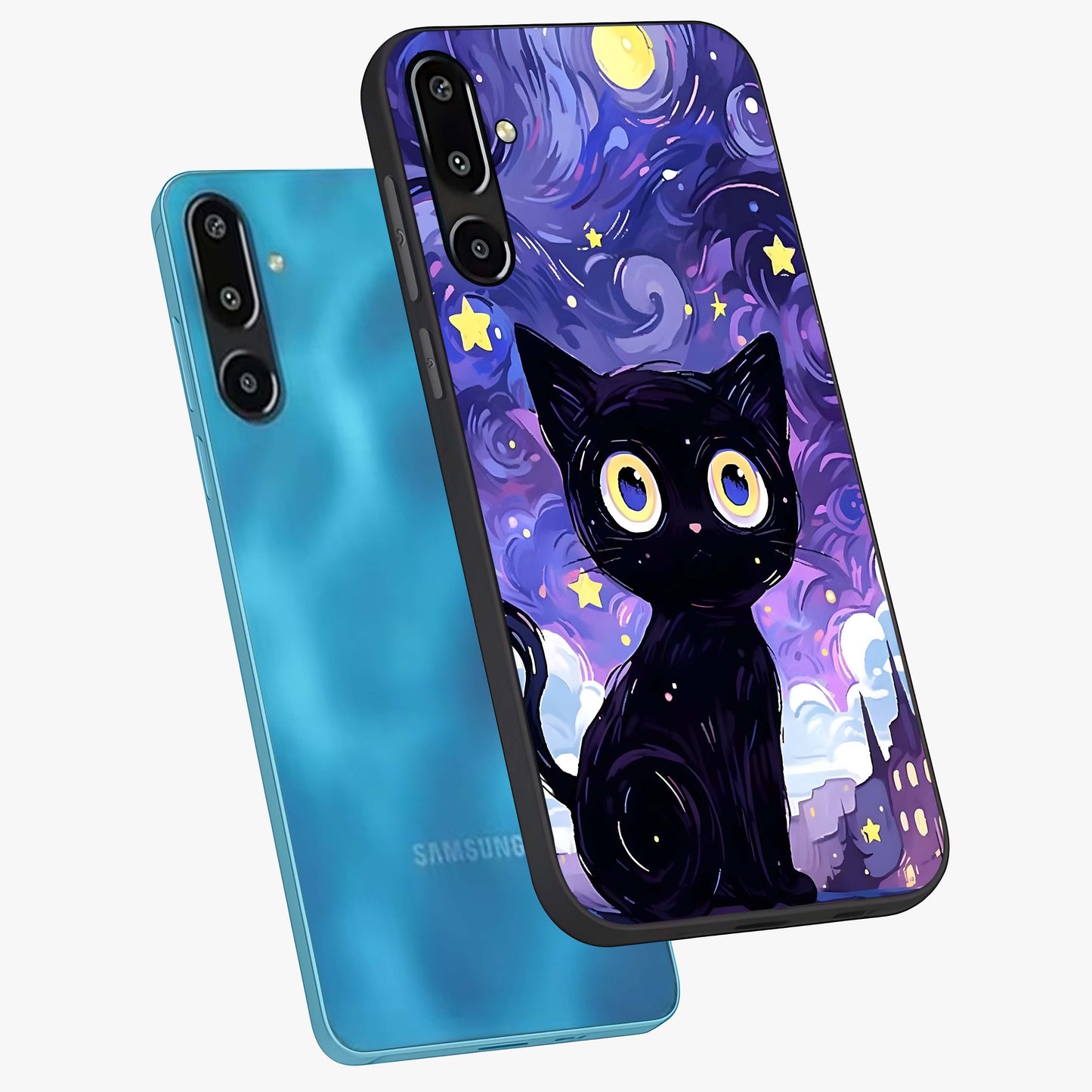 Abstract Cat Art Glass Case displayed in angled mockup highlighting modern abstract cat artwork and sleek glass surface.