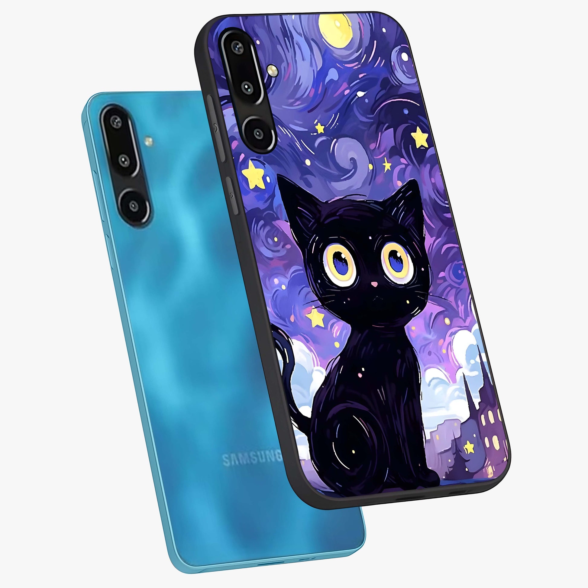Abstract Cat Art Glass Case displayed in angled mockup highlighting modern abstract cat artwork and sleek glass surface.