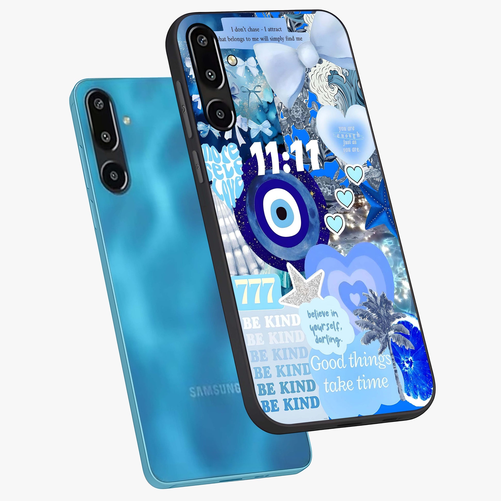 Aesthetic Be Kind Eye Glass Case displayed in angled mockup highlighting aesthetic eye design and inspirational vibe.