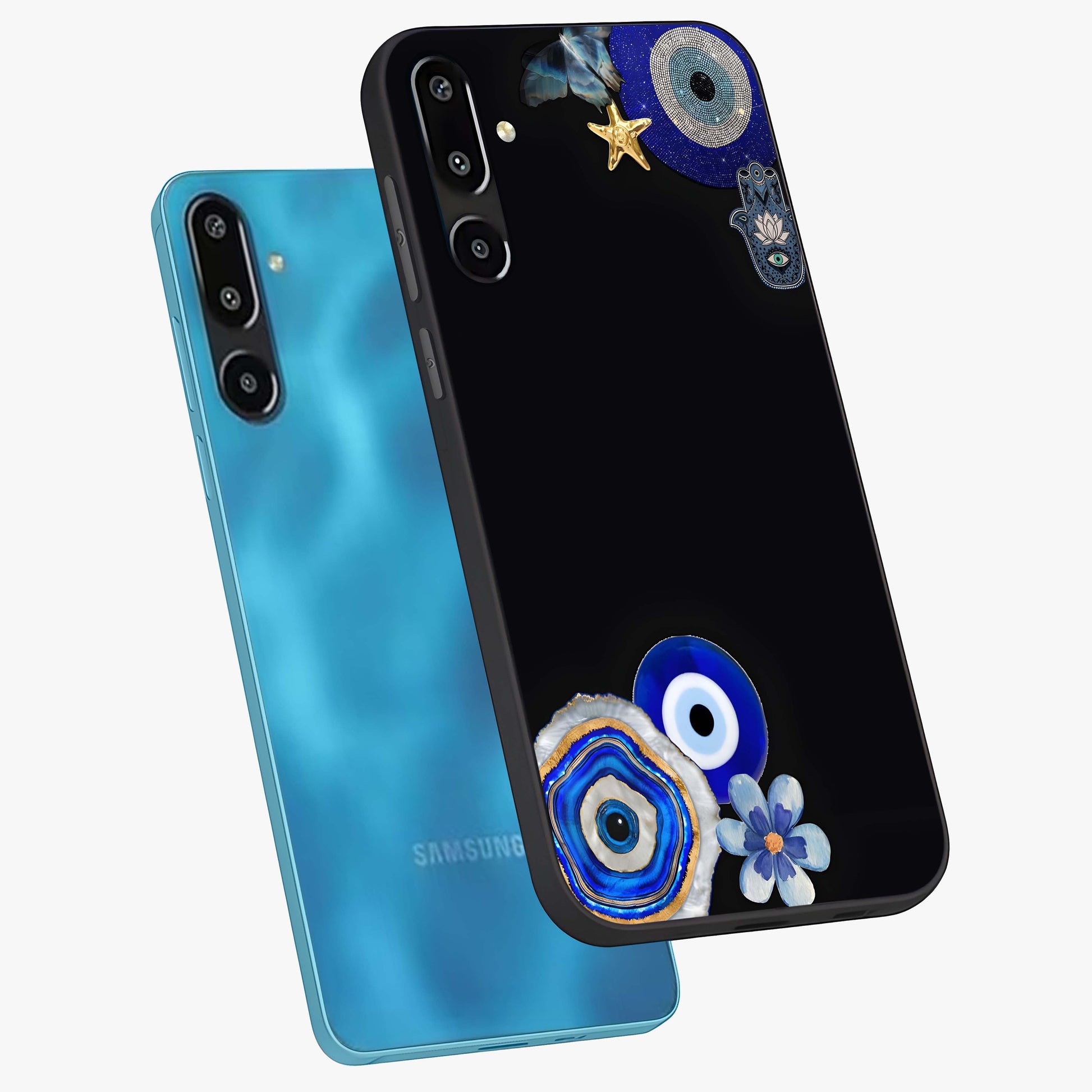 Aesthetic Blue Evil Eye Glass Case displayed in angled mockup highlighting blue evil eye symbol and spiritual aesthetic design.