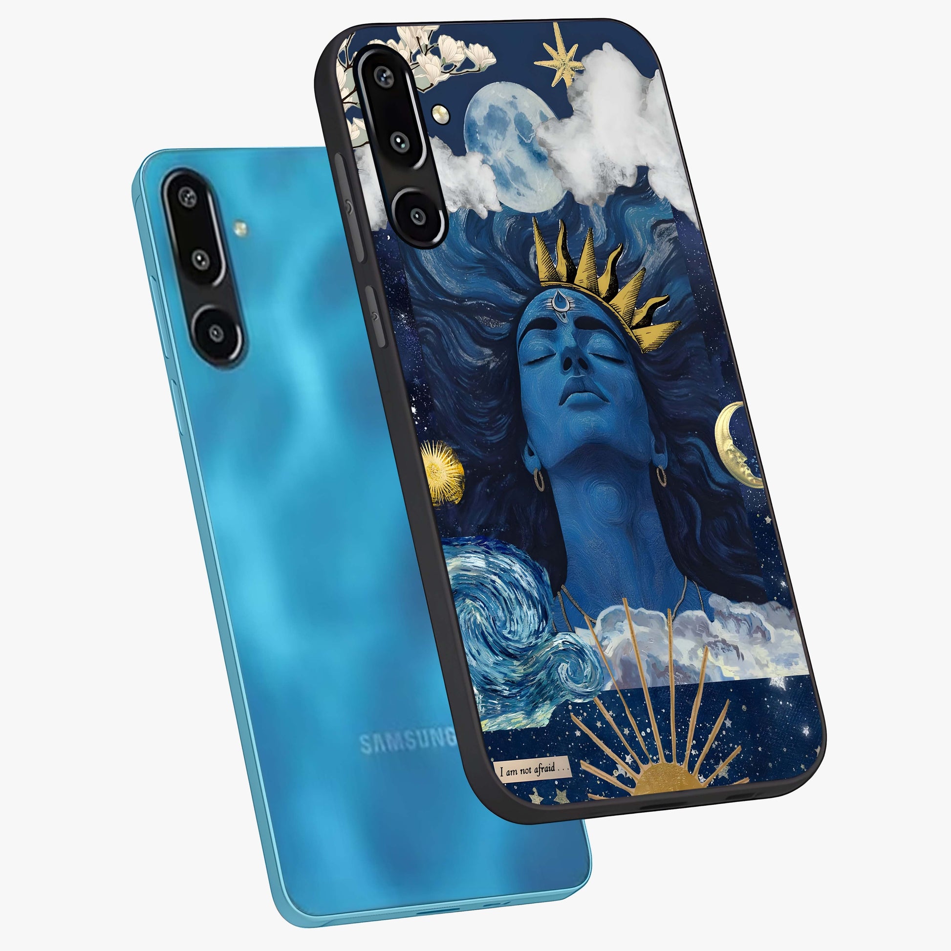 Aesthetic Lord Shiva Glass Case displayed in angled mockup highlighting spiritual Shiva illustration and sacred aesthetic design.
