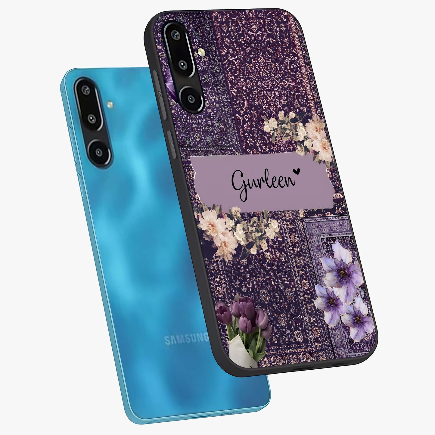 Antique Floral Whisper Custom Name Glass Case displayed in angled mockup highlighting elegant antique floral aesthetic.