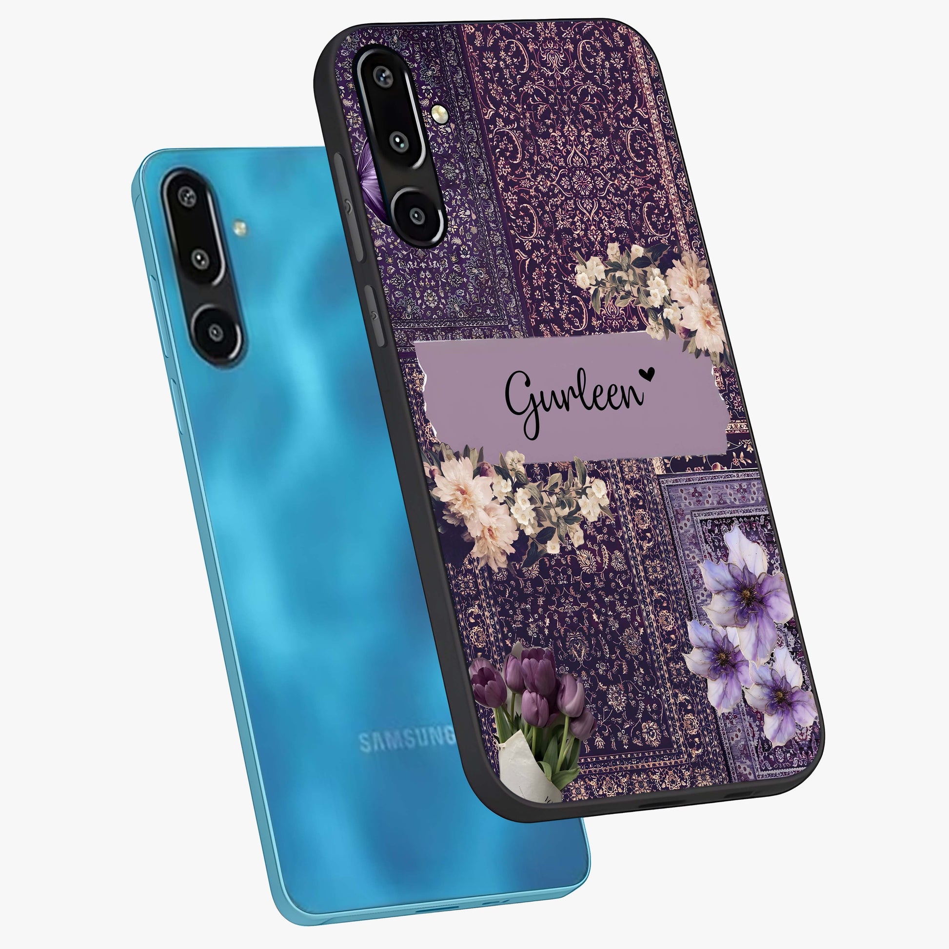 Antique Floral Whisper Custom Name Glass Case displayed in angled mockup highlighting elegant antique floral aesthetic.