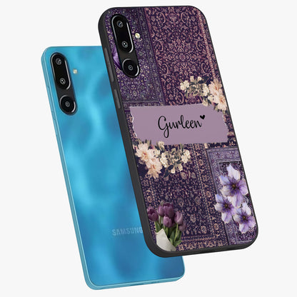 Antique Floral Whisper Custom Name Glass Case displayed in angled mockup highlighting elegant antique floral aesthetic.