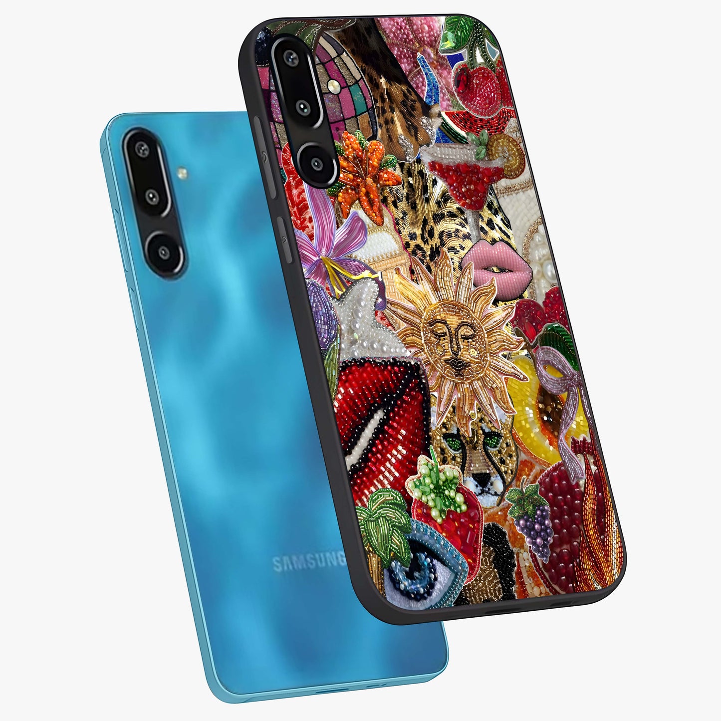 Beaded Fashion Jungle Glass Case displayed in angled mockup highlighting colorful fashion bead design and artistic pattern.