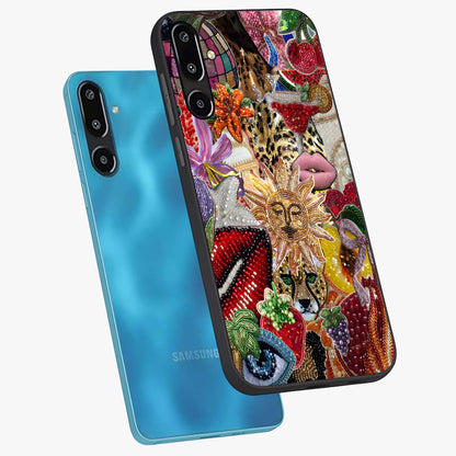 Beaded Fashion Jungle Glass Case displayed in angled mockup highlighting colorful fashion bead design and artistic pattern.