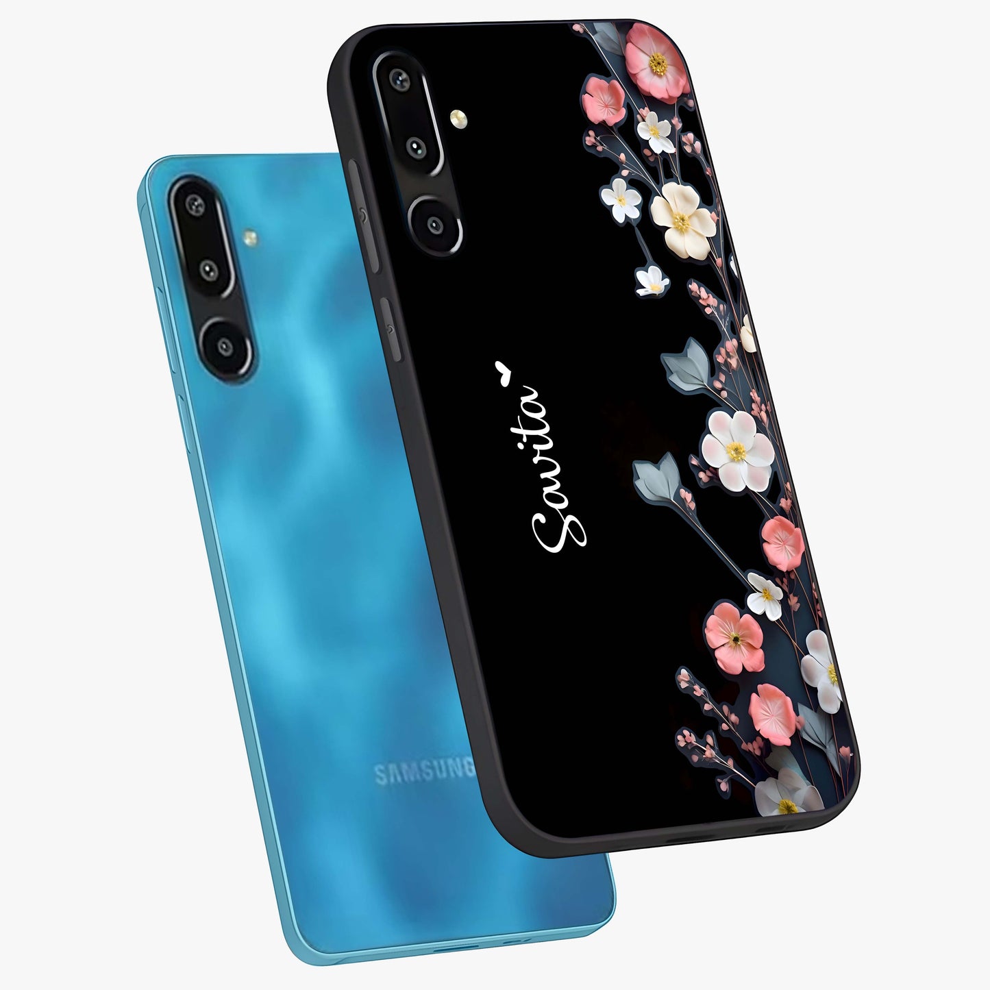 Black Elegance Floral Custom Name Glass Case displayed in angled mockup highlighting dark floral aesthetic and custom name feature.