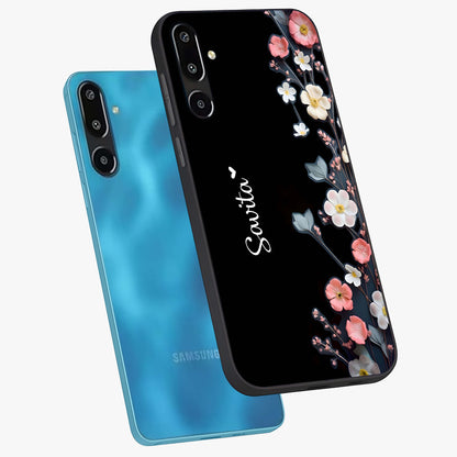 Black Elegance Floral Custom Name Glass Case displayed in angled mockup highlighting dark floral aesthetic and custom name feature.