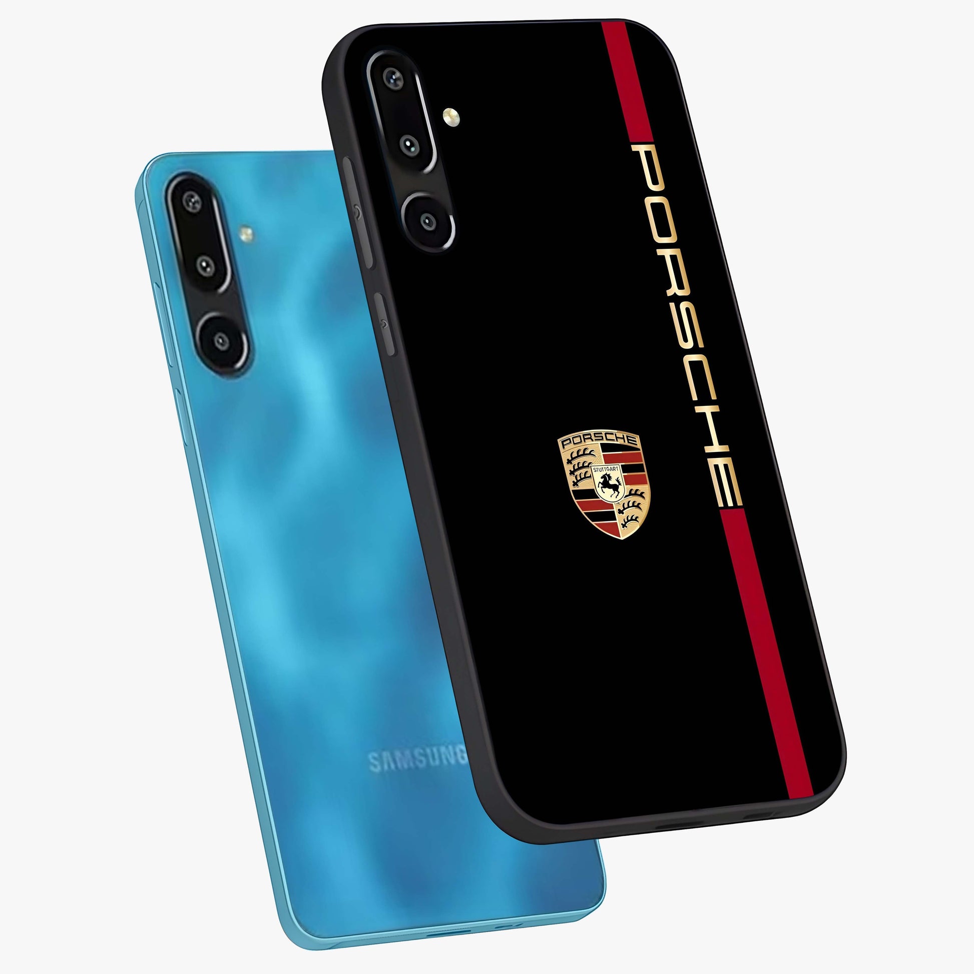 Black Minimal Porsche Glass Case displayed in angled mockup highlighting modern minimal car illustration and clean aesthetic design.