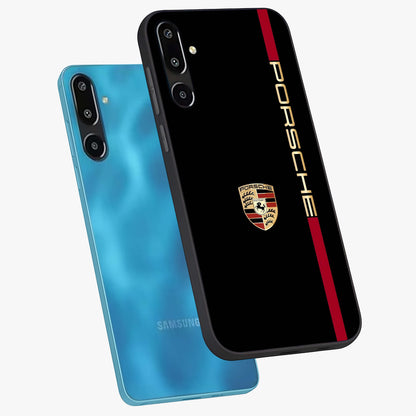Black Minimal Porsche Glass Case displayed in angled mockup highlighting modern minimal car illustration and clean aesthetic design.