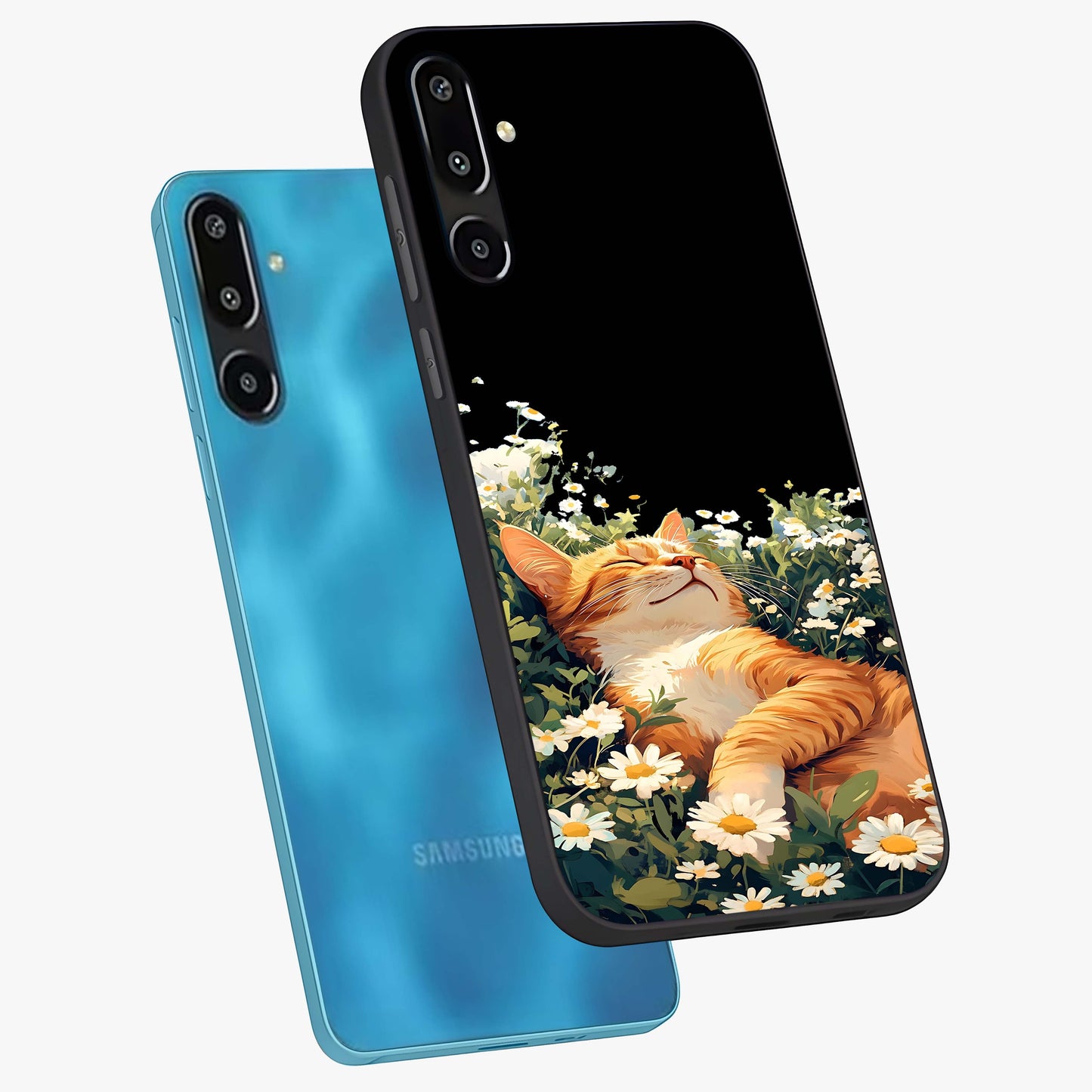 Blissful Bloom Cat Glass Case displayed in angled mockup highlighting playful feline illustration with soft floral aesthetic.