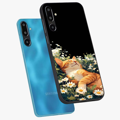 Blissful Bloom Cat Glass Case displayed in angled mockup highlighting playful feline illustration with soft floral aesthetic.