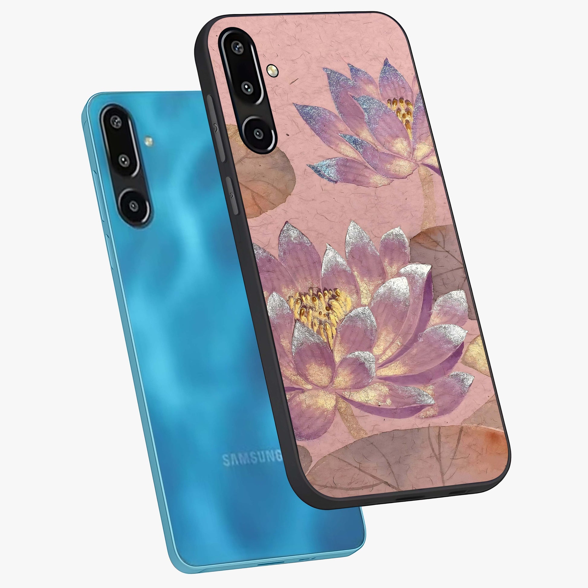 Blossom Mist Lotus Glass Case displayed in angled mockup highlighting delicate lotus illustration with calm aesthetic theme.