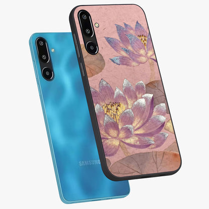 Blossom Mist Lotus Glass Case displayed in angled mockup highlighting delicate lotus illustration with calm aesthetic theme.