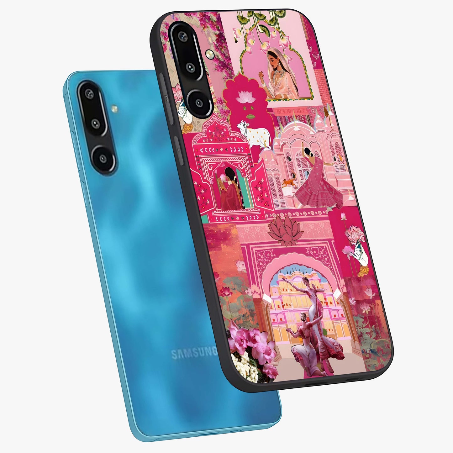 Blossoms of Rajasthan Glass Case displayed in angled mockup highlighting vibrant floral pattern with cultural aesthetic style.