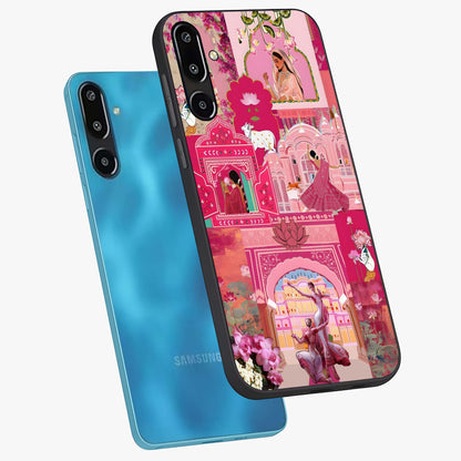 Blossoms of Rajasthan Glass Case displayed in angled mockup highlighting vibrant floral pattern with cultural aesthetic style.
