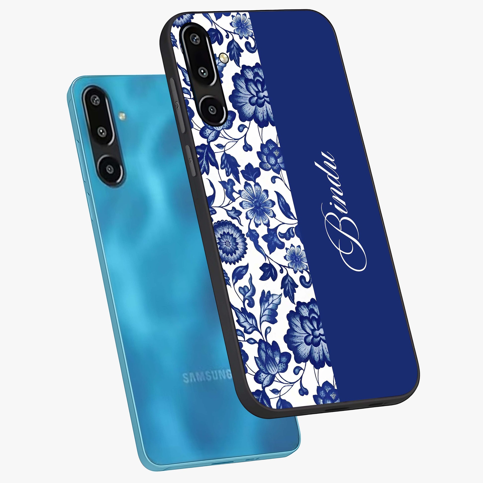 Blue Vintage Floral Pattern Glass Case displayed in angled mockup highlighting subtle bloom pattern with aesthetic pastel design.