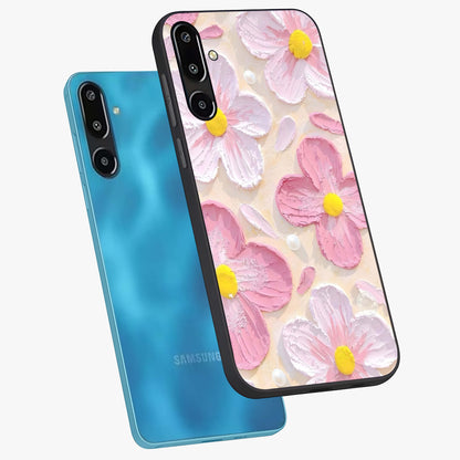 Blush Bloom Texture Glass Case displayed in angled mockup highlighting subtle bloom pattern with aesthetic pastel design.