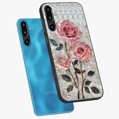 Blush Mosaic Bloom Glass Case displayed in angled mockup highlighting artistic mosaic flower pattern with aesthetic design.