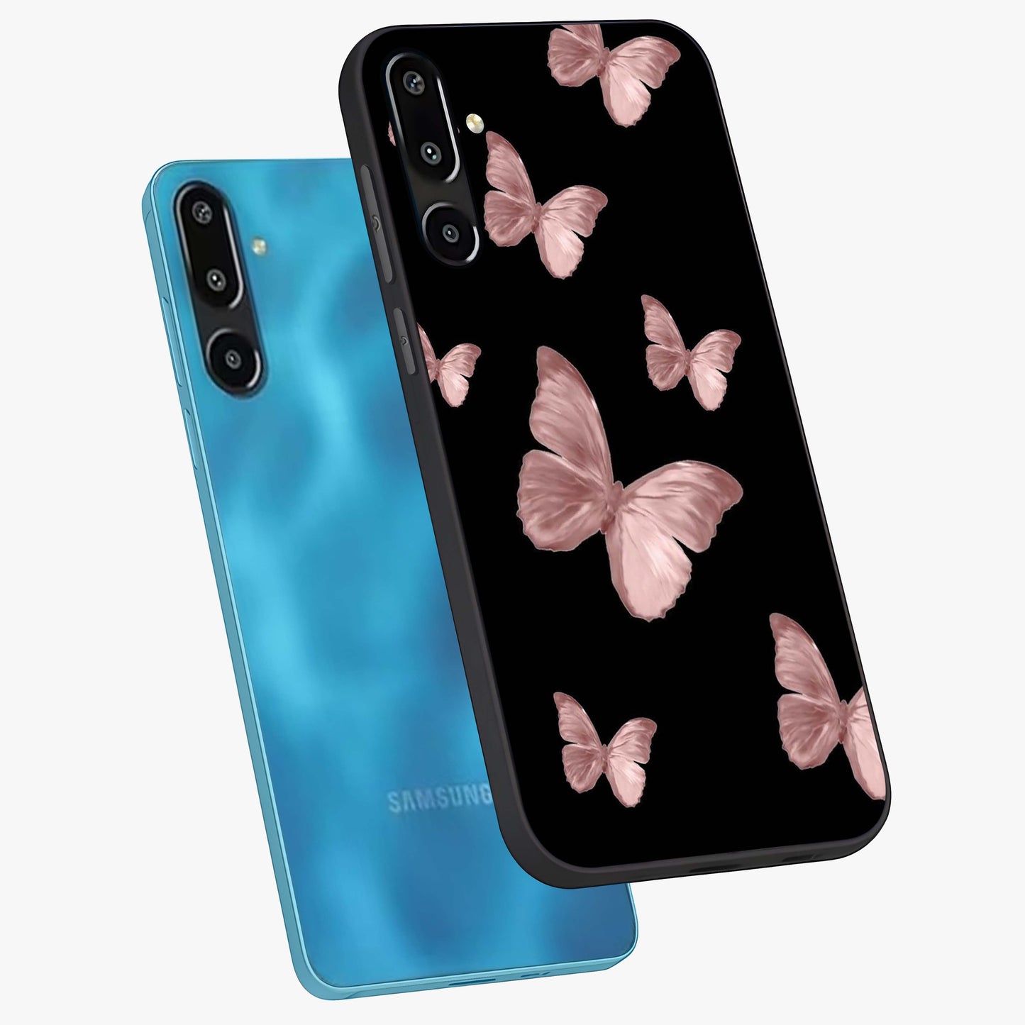 Butterfly Pattern Glass Case displayed in angled mockup highlighting delicate butterfly design and aesthetic pattern style.