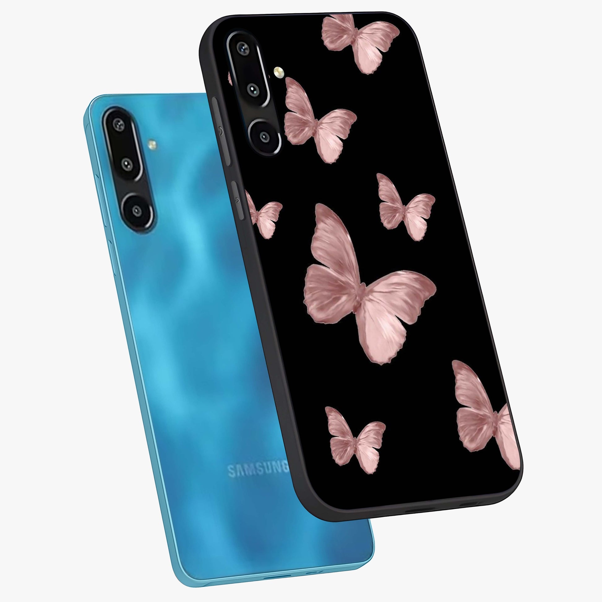 Butterfly Pattern Glass Case displayed in angled mockup highlighting delicate butterfly design and aesthetic pattern style.