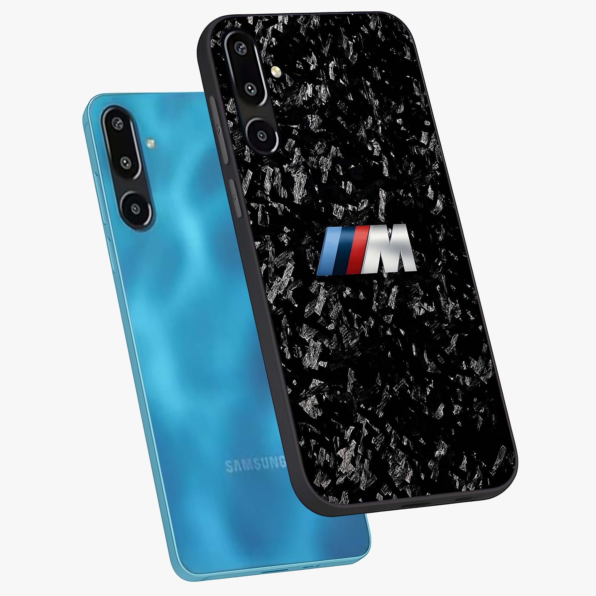 Carbon Speed Mark Glass Case displayed in angled mockup highlighting racing inspired carbon design and sleek aesthetic style.