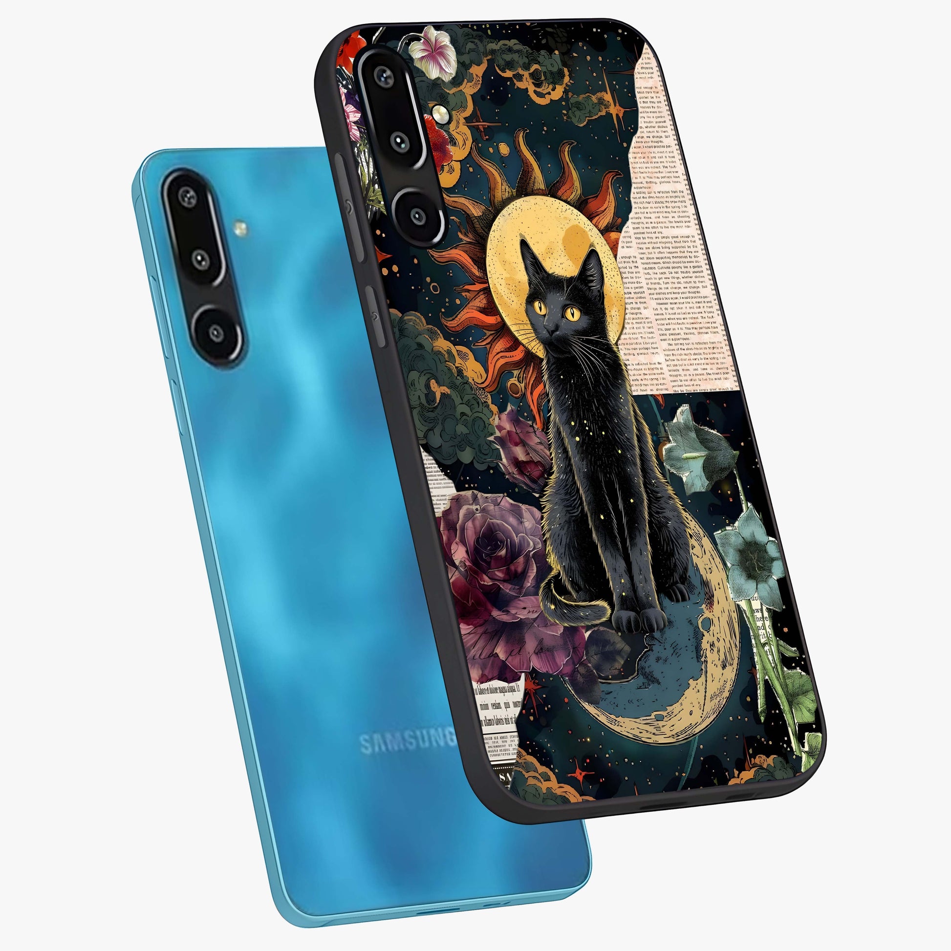 Celestial Black Cat Glass Case displayed in angled mockup highlighting cosmic black cat design with celestial aesthetic.