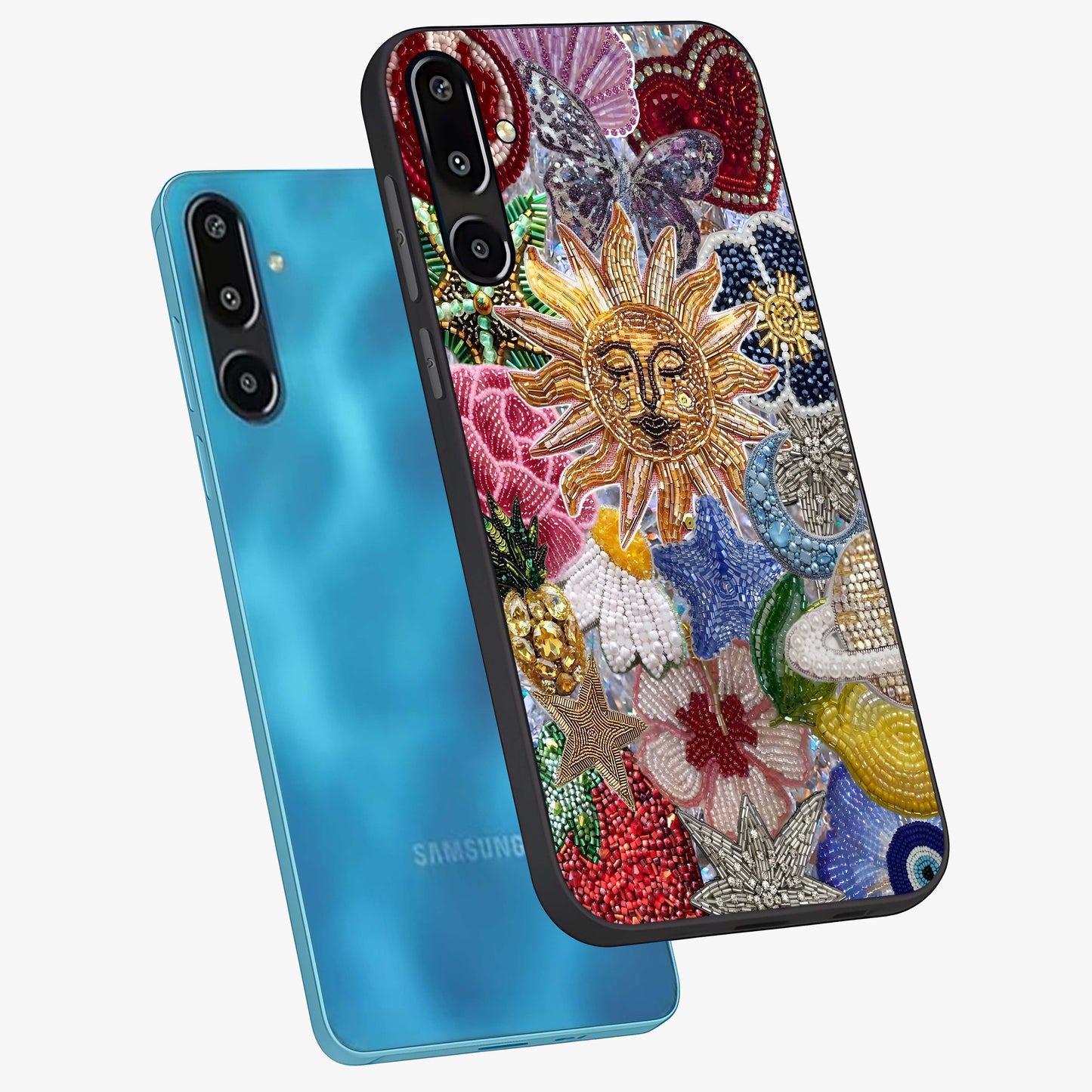 Celestial Floral and Playful Glass Case displayed in angled mockup highlighting playful floral design with dreamy celestial elements.