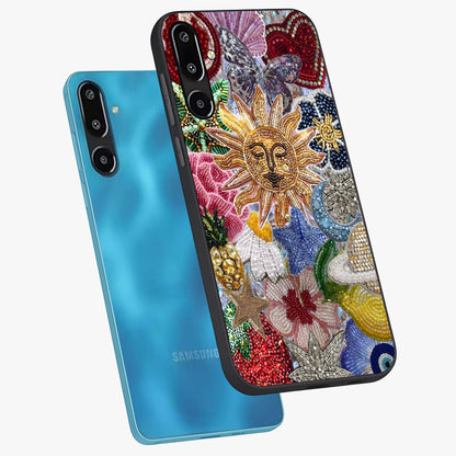 Celestial Floral and Playful Glass Case displayed in angled mockup highlighting playful floral design with dreamy celestial elements.