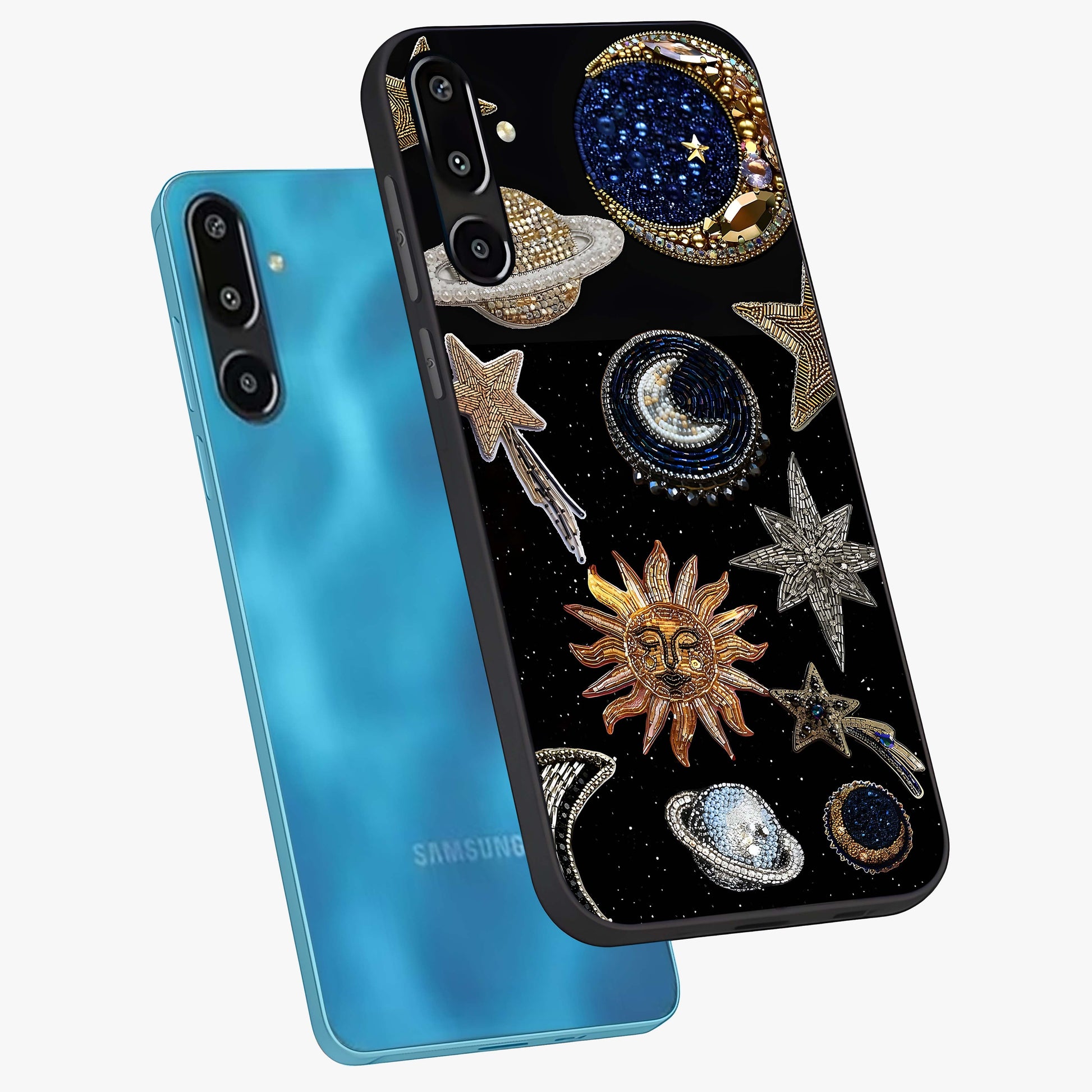 Celestial Gem Constellations Glass Case displayed in angled mockup highlighting gemstone inspired constellation design.