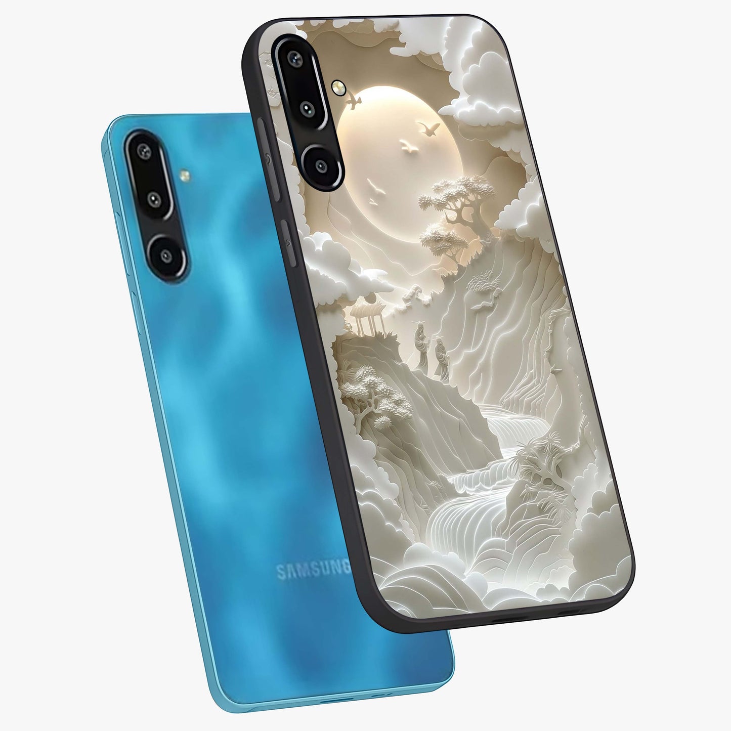Celestial Origami Glass Case displayed in angled mockup highlighting geometric origami design with cosmic aesthetic theme.