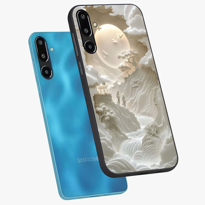 Celestial Origami Glass Case displayed in angled mockup highlighting geometric origami design with cosmic aesthetic theme.