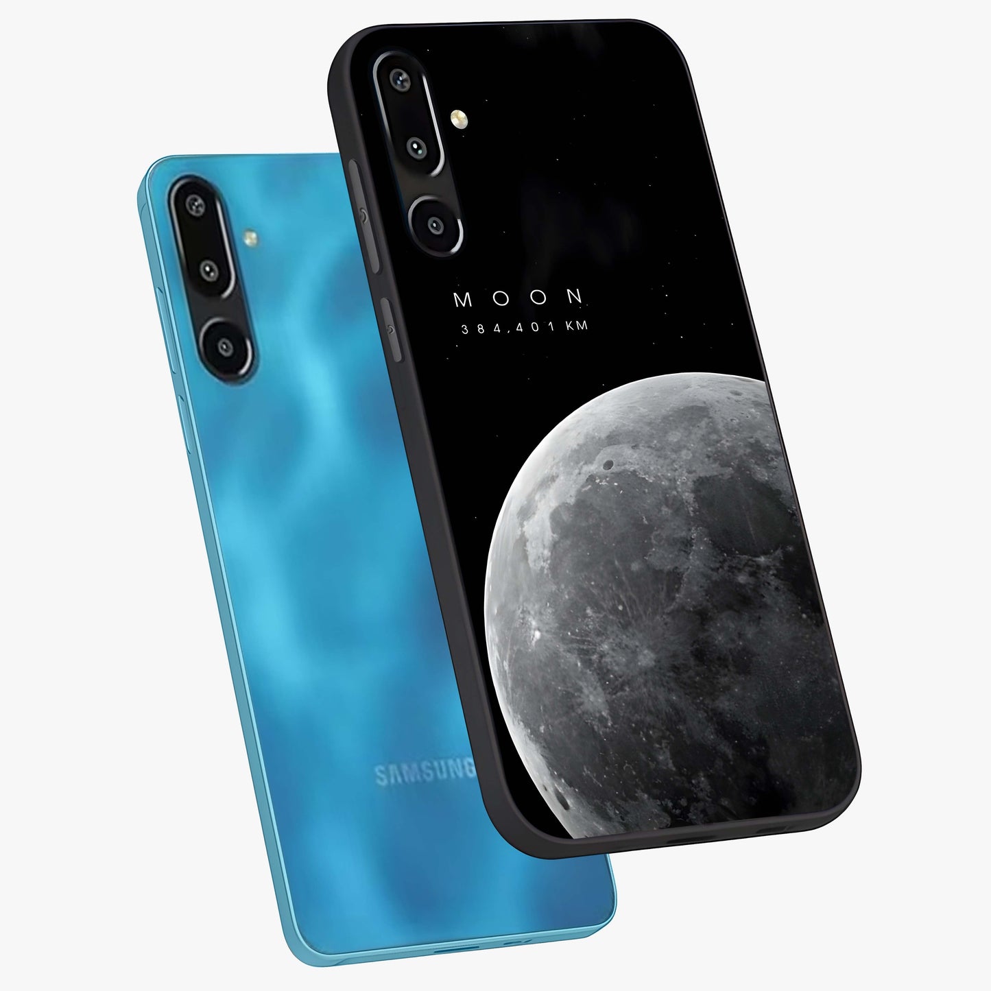 Cosmic Moon Glow Glass Case displayed in angled mockup highlighting celestial moon design with cosmic aesthetic theme.
