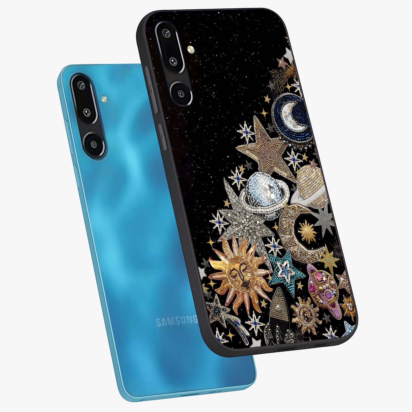 Cosmic Sparkle Dreams Glass Case displayed in angled mockup highlighting dreamy star sparkle design with celestial aesthetic.