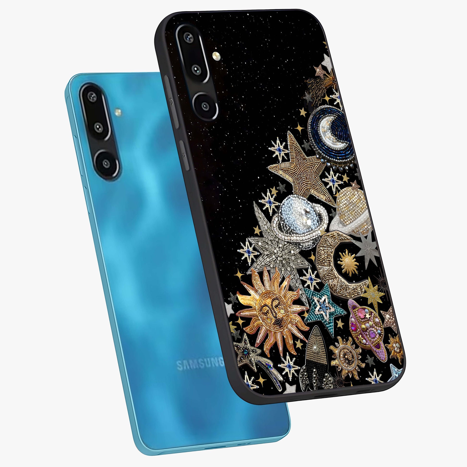 Cosmic Sparkle Dreams Glass Case displayed in angled mockup highlighting dreamy star sparkle design with celestial aesthetic.