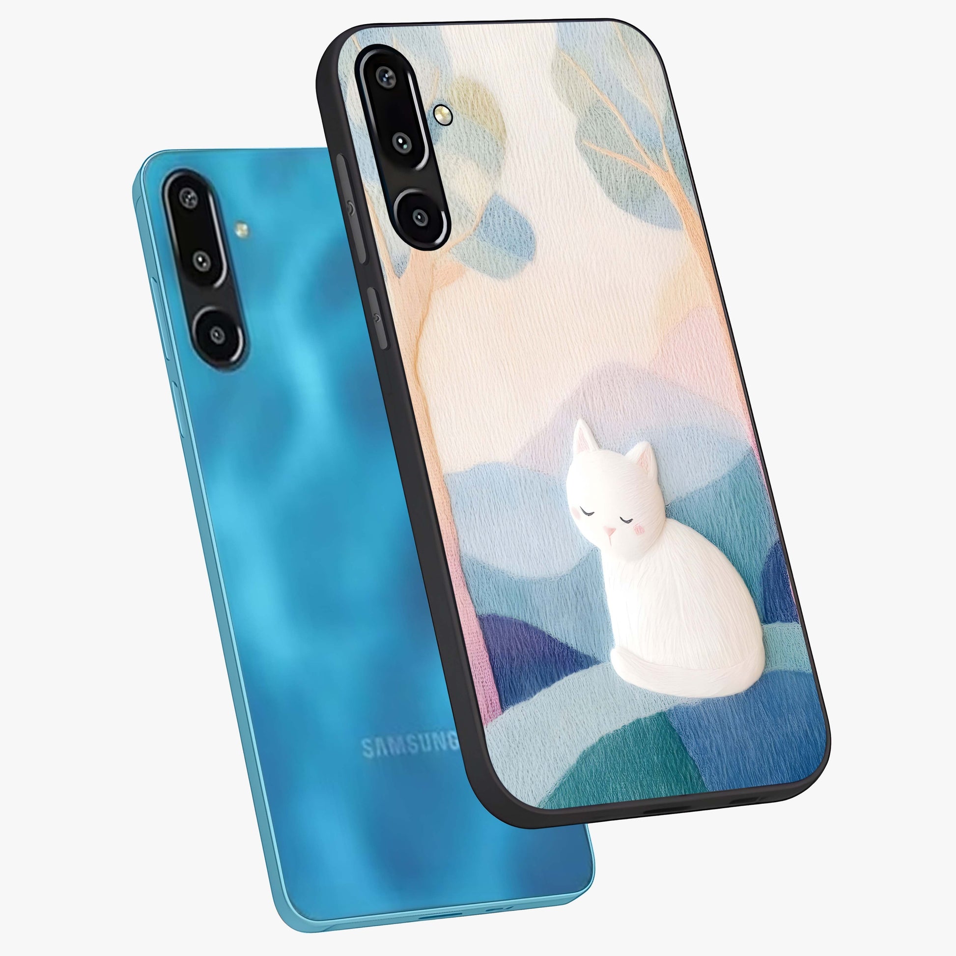 Cotton Dream Cat Glass Case displayed in angled mockup highlighting cute feline illustration with pastel aesthetic style.