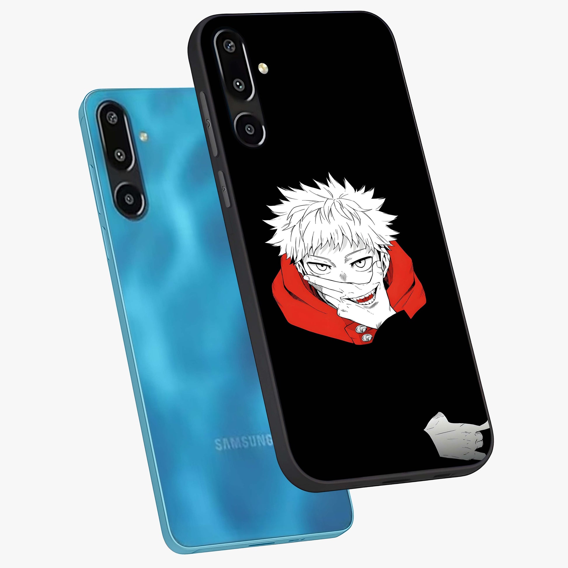 Crimson Chaos Smile Glass Case displayed in angled mockup highlighting edgy crimson smile design with graphic aesthetic.