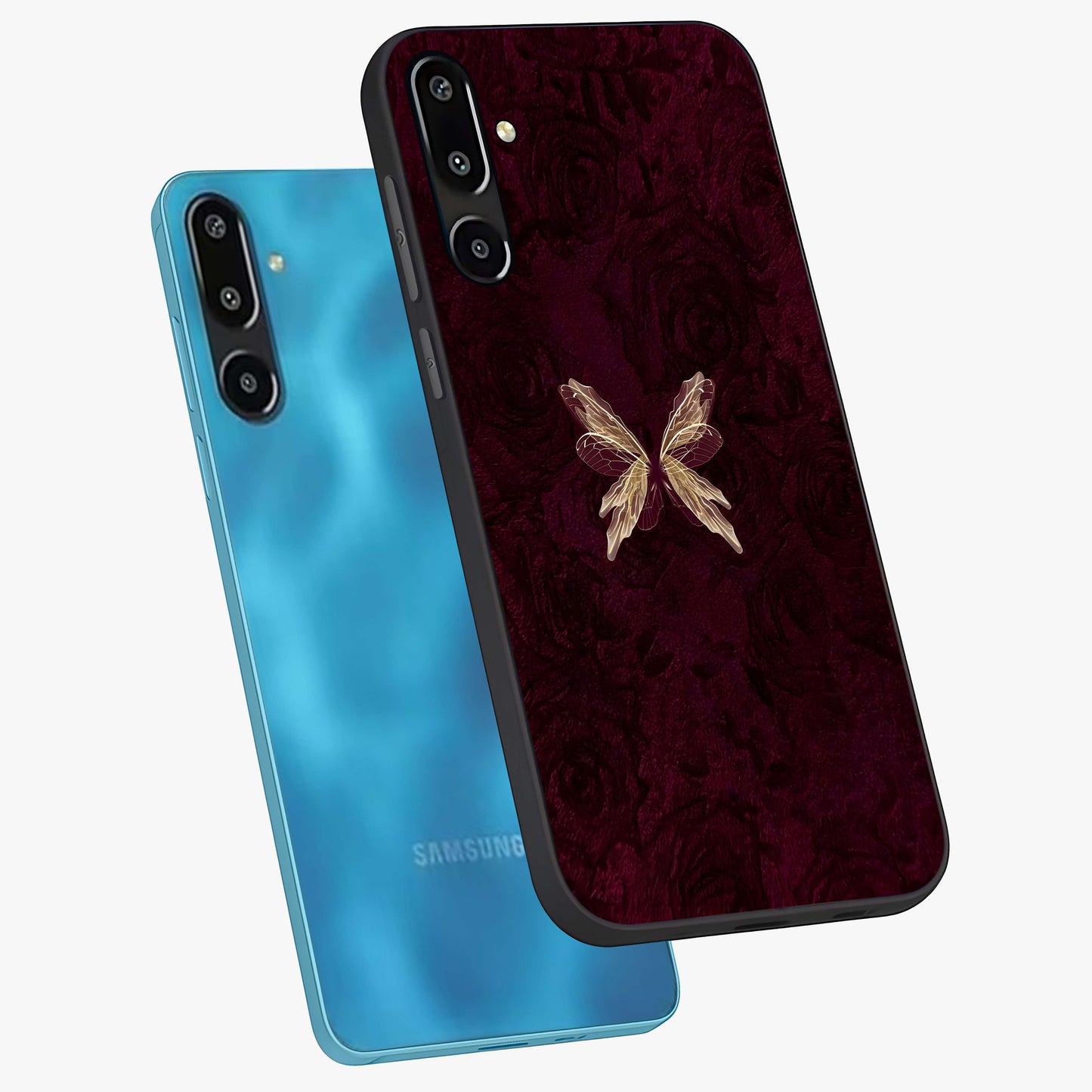 Crimson Fade Butterfly Glass Case displayed in angled mockup highlighting elegant butterfly design with crimson gradient aesthetic.