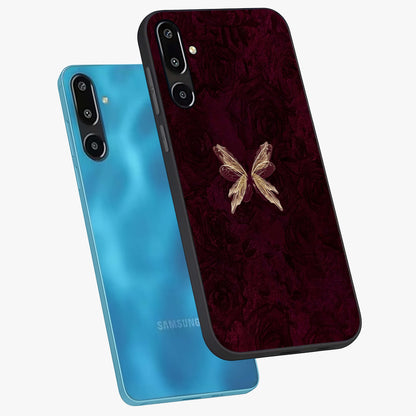Crimson Fade Butterfly Glass Case displayed in angled mockup highlighting elegant butterfly design with crimson gradient aesthetic.