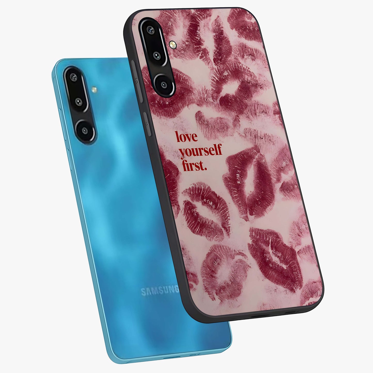Crimson Kiss Love Glass Case displayed in angled mockup highlighting bold love inspired design with modern aesthetic style.